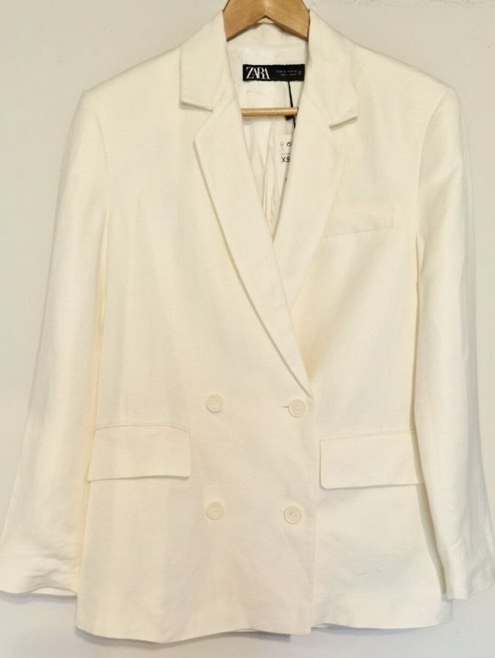 ZARA LINEN DOUBLE-BREASTED BLAZER CREAM WHITE XS